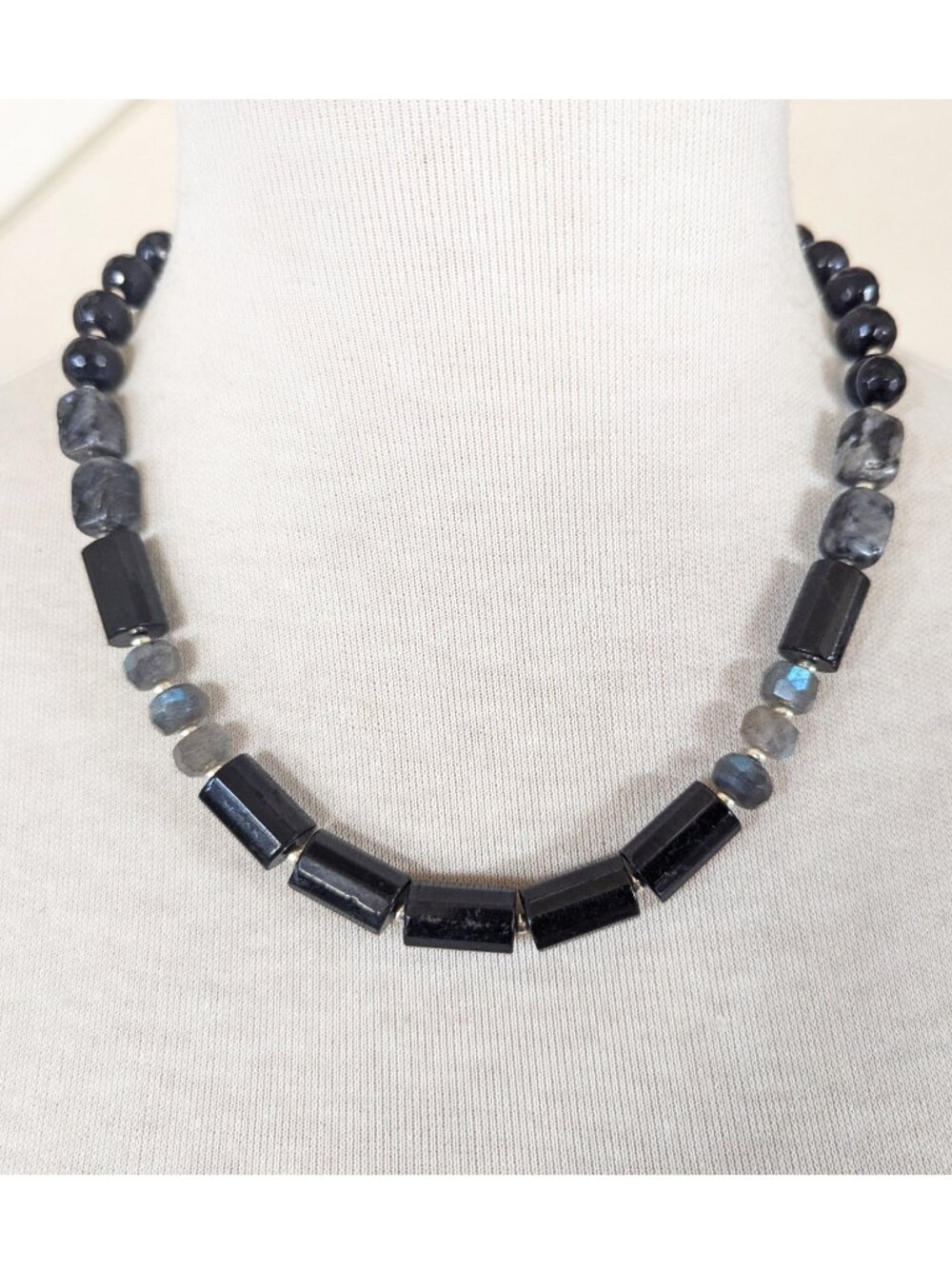 Steel Grey & Black Labradorite & Black Tourmaline Statement Necklace